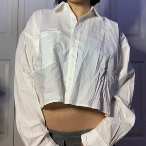 American Eagle Outfitters White Cropped Button-Down Shirt
